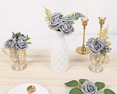 IPOPU Silver Roses Artificial Flowers,50pcs Glitter Flowers Fake Foam Roses with Stem for DIY Wedding Bridal Bouquet Home Party Christmas Decoration(Silver) - color: 50pcs Silver