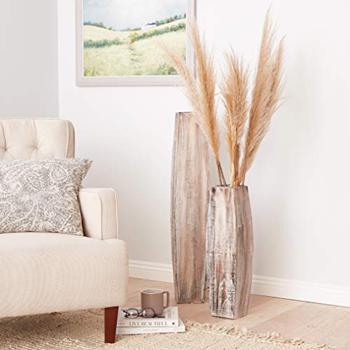 KALALOU Set of White Washed Tall Oblong Wooden Vases, Large & Small, Brown (CPP2022)