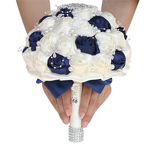 Big Size (8.26") Handmade Diamond Wedding Bouquet for Bridal with Pearl Rhinestones Navy Mix Ivory Color Silk Rose Flowers with Ribbon use in Church (Navy Blue+Ivory) - color: Navy Blue With Ivory