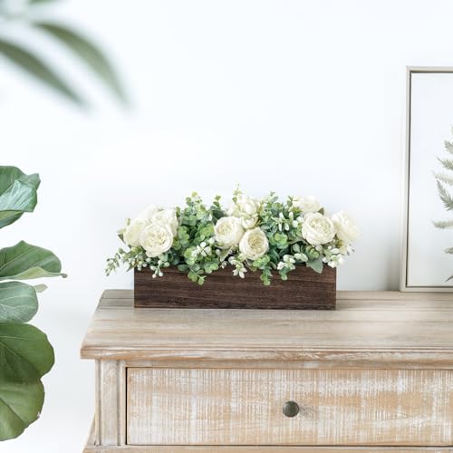Dahey Centerpiece Table Decorations for Dining Room Farmhouse Living Room Wood Tray with 3 Artificial Flowers and 2 Eucalyptus for Kitchen Table, 14.1" x 4.7" x 3.1", White - color: White