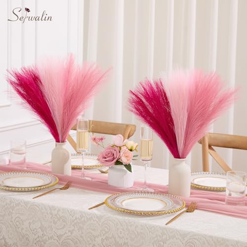 Serwalin 60Pcs Hot Pink & Blush & Pink Pampas Grass Decor, 17.7'' Faux Pampas Grass, Artificial Pompous Grass Bulk Vase Filler Flower Arrangement for Boho Home Wedding Decor - color: C Hot Pink