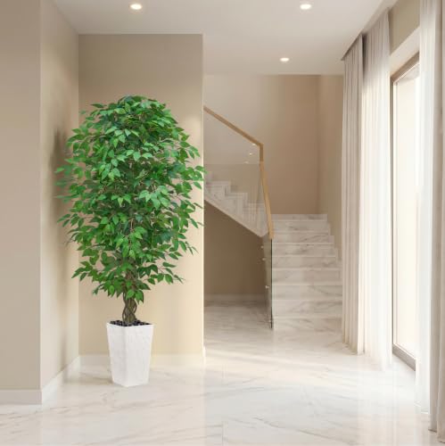 6FT Artificial Ficus Tree Indoor, Large Fake Ficus Tree with Natural Wood Trunk & Realistic Silk Leaves, Tall Faux Tree for Living Room, Office, Home Decor, White Pot Included