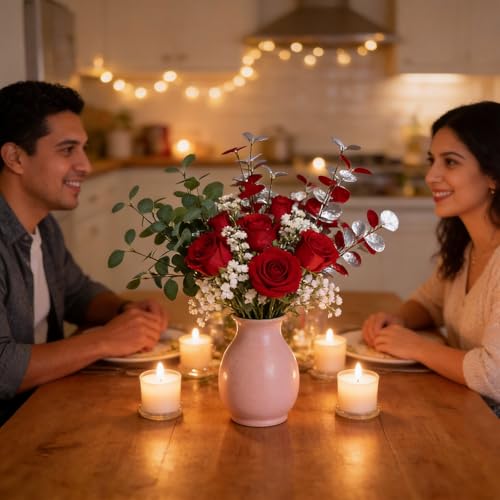 4pcs 23.62" Realistic Red & Silver Faux Eucalyptus Stems – Artificial Eucalyptus Leaves for Vase Decoration, Christmas & Rustic Farmhouse Greenery for Table Centerpiece - color: Red and Silvery