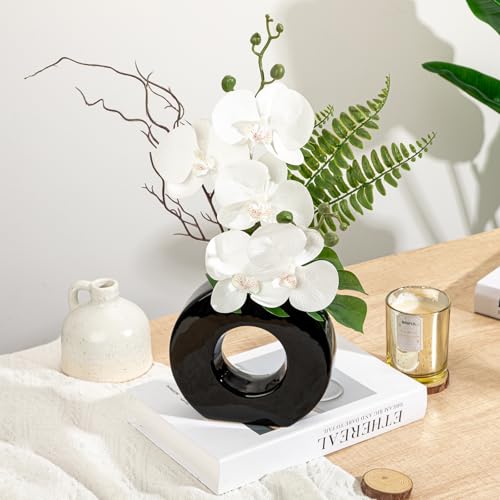 Briful Orchid Fake Flowers 16.1'' White Artificial Orchid Silk Flowers in Black Pot Faux Orchid Arrangement for Home Office Desk Modern Decoration - color: White#1