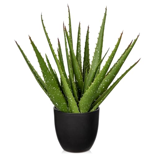 GnFlus Fake Succulent Aloe Vera Plants 13.4 Inch Large Artificial Succulents with Black Pot Faux Aloe Potted Plant for Desk Modern Home Office Bedroom Living Room Table Shelf Decor - color: Black-13.4"