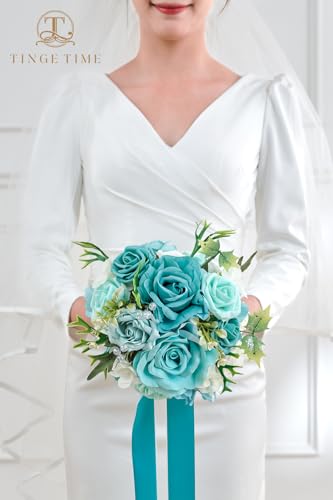 TINGE TIME 9 inch Bridal Bouquets for Bride, Artificial Silk Flowers Tossing Bouquet, Bride Bouquets for Wedding,Ceremony, Anniversary (TealBlue) - color: Teal Blue
