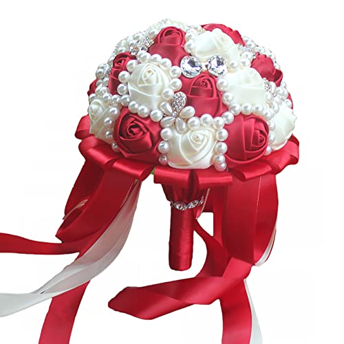 USIX Handcraft Popular Satin Rose Rhinestone Brooch Flower Pearl Bridal Holding Wedding Bouquet Wedding Flower Arrangements Bridesmaid Bouquet(Dark Red+Ivory) - color: Dark Red+ivory