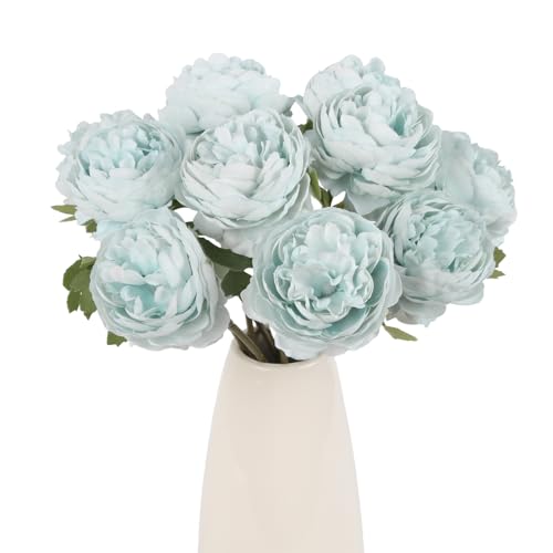 IPOPU 10pcs Light Blue Peonies Artificial Flowers Silk Peonies with Stems Real Look Fake Peony for Home Table Decorations Wedding Faux Flowers Arrangements (Light Blue) - color: Light Blue