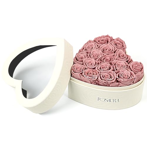 Rosaura Heart-Shaped Preserved Roses Gift Box - Real Forever Flowers for Christmas, Birthday, Valentine's & Mother's Day (Cappuccino, 16 roses) - color: Cappuccino, size: 16 roses
