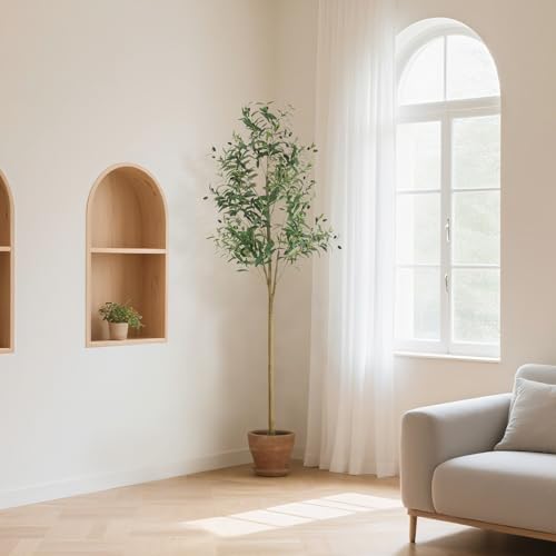 WILDLOVE Fake Olive Tree Artificial Indoor, Potted Faux Olive Trees with Natural Wood Trunk & Lifelike Fruits for Home Office Decor (6ft) - size: 6ft