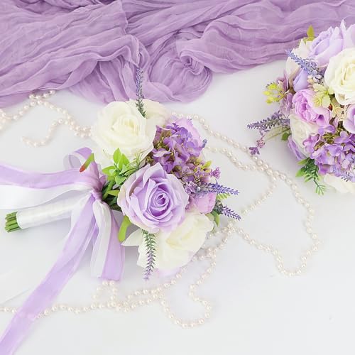 Bridesmaid Bouquets for Wedding 1 Pack - 9 Inch Artificial Flowers Bouquets for Ceremony Anniversary Centerpieces Decorations - Dusty Purple - color: Dusty Purple, size: Set of 1 Bridesmaid Bouquets