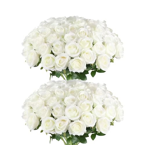 60 Pcs White Roses Artificial Flowers,Artificial Roses in Bulk,Fake Roses with Stems,DIY Wedding Bouquets,Wedding ornaments,Valentine's Day Party Decorations,A rose symbolizes love(white, 60 pcs) - color: White, size: 60 pcs
