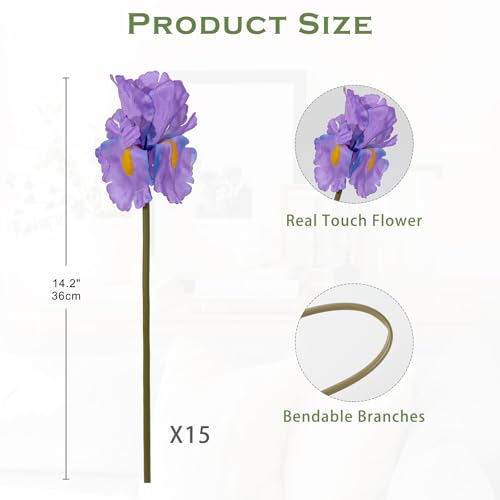Hollyone Iris Artificial Flowers 15Pcs Faux Iris Flowers 14.2" Real Touch Light Purple Fake Flowers Picks Bouquets for Wedding Bridal Home Arrangements Office Table Centerpieces Decor - color: Light Purple