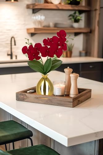 Oairse Red Orchids Artificial Flowers, Faux Orchid in Glass Vase Real Touch Small Phalaenopsis Orchid Flowers Arrangements with Gold Vase Orchids Centerpiece for Dining Room Table - color: Red & Gold