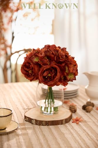 WELL KNOWN Artificial Austin Roses and Hydrangea Petals, 11.5" H Silk Roses Flower Bouquet with Fake Water in Glass Vase, Faux Peony for Home Decor, Table Decor, Weddings,Gift (Burnt Orange) - color: Burnt Orange