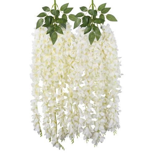 2PCS Cream Wisteria Hanging Flowers, 2.95ft Wisteria Garland with 5 Branches Realistic Silk Hanging Flowers for Decoration, Wedding Arch, Party Backdrop, and Home Wall Decor - color: Cream
