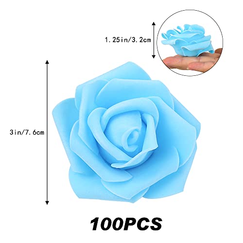 Artificial Rose Flower Heads, 100pcs Blue Roses Artificial Flower Foam Rose for DIY Wedding Bouquets Centerpieces Arrangements Party Baby Shower Home Decor (Stemless,Sky Blue) - color: Light Blue, size: 100PCS