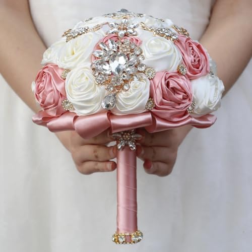 6.3in Small Bridal Bouquet Wedding Handmade with Luxury Gold Rhinestone Brooch Satin Rose Flower for Bridesmaid Bridal Wedding Bouquet Ivory and Blush Pink - color: Ivory & Blush Pink, size: Small (DIA. 6.3"/16cm)