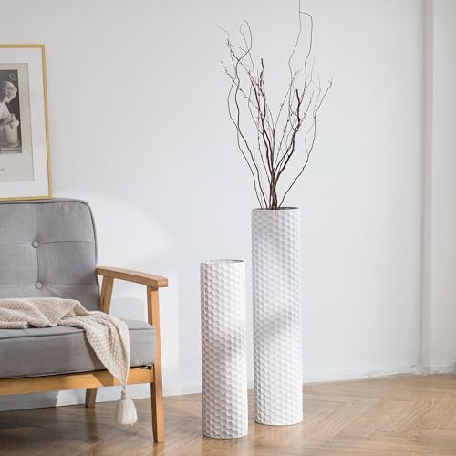 Sziqiqi White Tall Vases for Floor: 27.6/21.7in Metal Cylinder Handmade Flower Holder Extra Large Decorative Vase Set of 2 Modern Honeycomb Texture Big Standing Vase for Living Room Home Corner - color: White