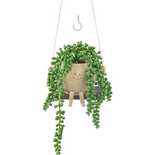 Artificial Hanging String of Pearls Succulent in Cute Smiley Face Swing Planter, Fake Trailing Succulent Plant for Indoor Outdoor Home Wall & Window Decor | Includes Hanging Hook - color: Hanging Succulents