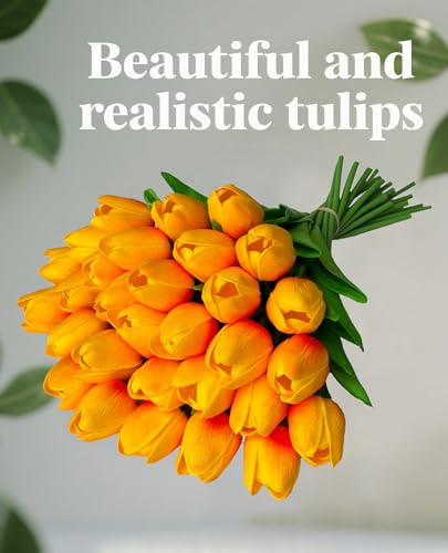 15 Heads Artificial Flowers PU Real Touch Tulip Bouquets Orange Tulips Faux Tulips Latex Fake Flower Bouquet for Spring Wedding Home Décor Centerpiece Arrangements - color: Orange