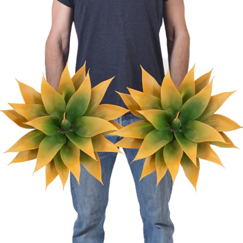 2Pack Fake Agave Plants 18 Inch Large Artificial Succulents Realistic UV Resistant Faux Aesthetic Plants for Outdoors Tropical Plant Greenery for Home Garden Front Porch Decor - 21Leaves, Yellow - color: Yellow, size: 18"- 2pcs