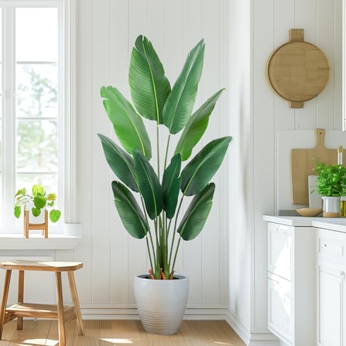 Yepdin Artificial Bird of Paradise Plant 5 Ft Tall Fake Banana Leaf Plant for Indoors and Outdoors,Faux Palm Tree with Plastic Pot for Office and Home Decor,L160 - style: 5 FT