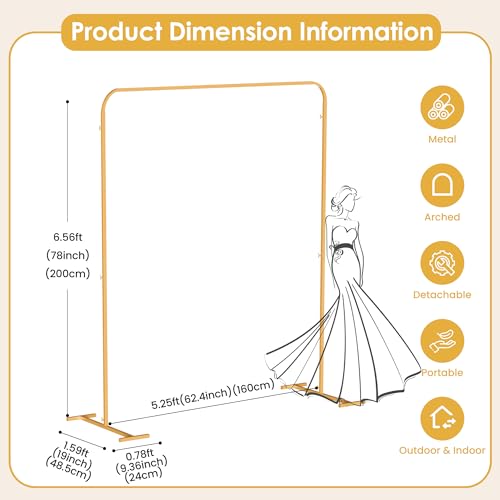 5.2 * 6.56 FT Metal Backdrop Frame Stand, Wedding Decor Flower Arbor Stand, Balloon Arch Backdrop, Golden - size: Single Arched