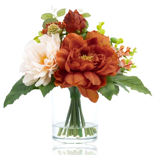 WELL KNOWN Artificial Flowers in Glass Vase with Fake Water, Burnt Orange & Champagne Silk Peony Flower Bouquet for Winter Home Dinning Coffee Table Wedding Party Lavatory Spring Seasonal Decor & Gift - color: Orange & Champagne