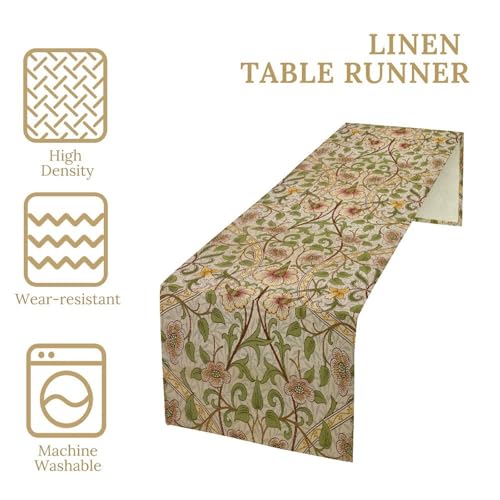 William Morris Style Floral Table Runner for Table Decor, Art Rustic Green Botanical Flower Vintage Printed for Kitchen Dining Room Farmhouse Party Holiday Decorate 13" x 36" - color: William Morris_4, size: 13"W x 36"L (Pack of 1)
