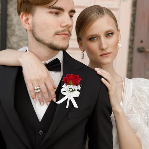 Red Rose Boutonniere for Men, Set of 2, Groom and Best Man Artificial Flowers Boutonnieres, for Wedding Ceremony Formal Dinner Prom Party - color: 2 Boutonnieres Red