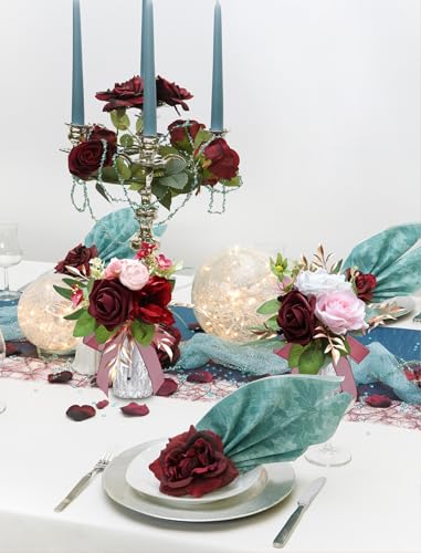 Marriwise Set of 6 Burgundy Red Assorted Wedding Flower Centerpieces Pre-Made Mini Bridesmaid Bouquets Artificial Floral Rose Table Decor for Wedding Decorations Shower Home Decor (Burgundy Red) - color: Burgundy Red