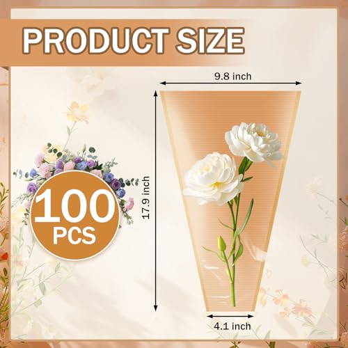 XABMU Flower Bouquet Bags - 100 Pack Kraft & Clear Floral Wrapping Sleeves for Wedding, Graduation, Mother’s Day Gifting & Florist Supplies - color: Kraft, size: 1 count (Pack of 100)