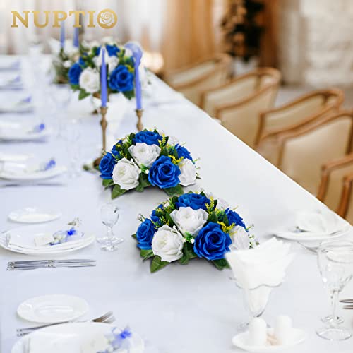 NUPTIO Flower Balls for Wedding Centerpieces - 6 Pcs 9.5 inch Diameter Fake Flower Ball Arrangement Bouquet Party Centerpieces for Tables - Royal Blue Rose Bouquet Centerpiece Flowers for Table | 6 Pcs for Wedding Party Table Centerpiece - Artificial Flow