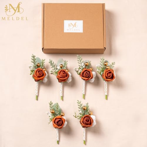 Burnt Orange Faux Foam Rose Boutonnieres for Men Wedding 6Pcs | Artificial Foam Rose Boutonnieres for Wedding Prom Groom Groomsman Ceremony Anniversary Party Suit Decoration Homecoming - color: 6pcs Orange Boutonnieres
