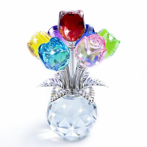 TWINKLING Crystal Roses Figurine with Round Vase, Glass Rose Crystal Flowers Bouquet, Birthday, Anniversary,Wedding, Home Décor,Silver Leaf (Multicolor) - color: Multicolor(silver Leaf)