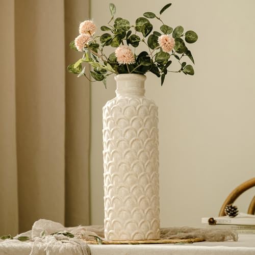 Ceramic Flower Vase, 13.98" Tall Rustic Farmhouse Decorative Vase for Home Decor, Beige Textured Pottery Vase for Pampas Grass, Living Room, Entryway, Mantel, Kitchen Table - color: 101-white