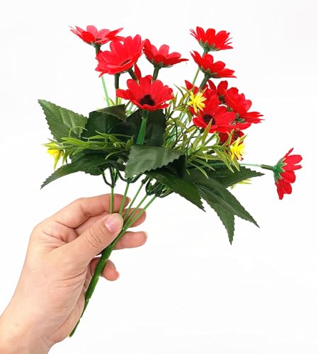 Artificial Daisy Flowers, Fake Silk Daisies Mini Flower Decor, Plastic Plants Marguerites Bushes Stems Faux Greenery Bundles Plant for Indoor Outdoor Verandah Wedding Party Decoration - Red 4 Bouquet - color: Daisy - Red - 4 Bundles