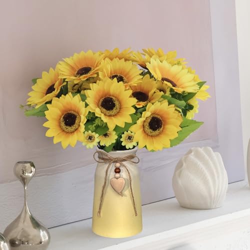 Artificial Sunflower Arrangement in Ceramic Vase – Fake Silk Sunflowers Table Centerpiece Decoration, Stylish Artificial Flowers with Vase for Home Table Dining Room - color: Yellow Vase