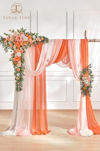 TINGE TIME Wedding Arch Flowers Kit - Deluxe 5pcs Artificial Floral Swag with 3 Sheer Drapes, Realistic Silk Flower Arrangements for Wedding Ceremony Arbor Backdrop Reception Party Home Decor - color: Coral Pink & Champagne