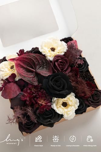 Ling's moment Fake Flowers Box, Faux Artificial Greenery Stems Foam Roses Dahlia Anthurium Silk Hydrangea Fabic Flower for Centerpieces Bouquet Wedding Vase Decorations, Burgundy & Black, Grand Combo - color: Red-burgundy & Black, size: Grand