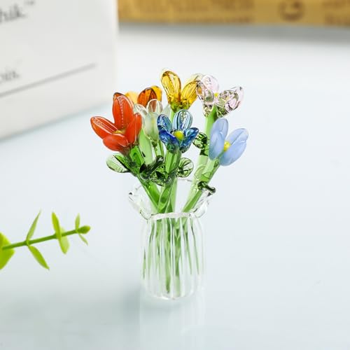 7 Pcs Mini Glass Daisy Flower Hand Blown Glass Artificial Flowers with Clear Vase Crystal Tulip Bouquet Collectible Ornament for Women Mom Wedding Home Table Centerpiece (Green) - color: Green
