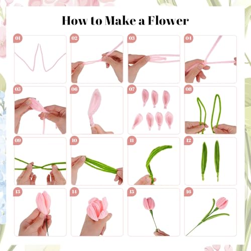 500PCS Pipe Cleaner Flower Kit,Bulk Pipe Cleaners Craft,Chenille Stems with Wrapping Paper for Mother's Day Graduation Birthday Wedding - color: Pink