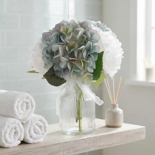 Fake Flowers in Vase,11" Full Silk Blue Hydrangea Artificial Flowers Arrangment with Glass Bud Vase for Centerpiece Table Decoration for Home Bathroom Bedroom Office Desk Decor Indoor(Blue) - color: Dusty Blue