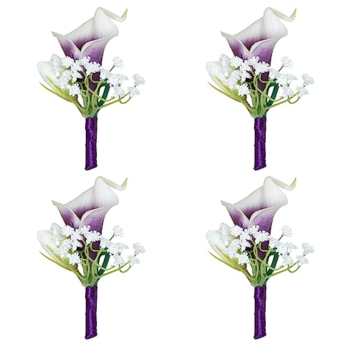 Boutonniere for Men Wedding Set of 4, Artificial Purple Calla Lily Groom and Groomsmen Boutonniere for Wedding Ceremony Anniversary Prom Formal Dinner Party Suit Decorations - color: Calla Lily Boutonniere Pack of 4