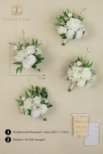 TINGE TIME 7" Bridesmaid Bouquet Set of 4, Wedding Bouquets for Bridesmaid, Perfect for Wedding Bouquets for Bride, Ideal for Bridal Shower, Rehearsal Dinner, Vintage Party (IvoryWhite) - color: Ivorywhite