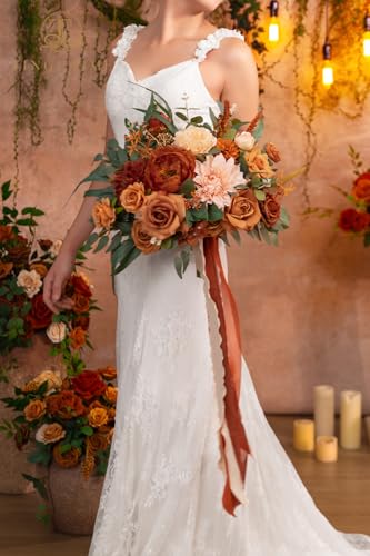 TINGE TIME 13 inch Terracotta Wedding Bouquets for Bride, Bridal Bouquet for Bride, Artificial Silk Rose for Graduation Bouquet, Fake Flowers for Fall Wedding Ceremony and Anniversary - color: Terracotta