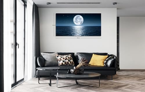 Aibonnly Wall Art Canvas Print Moon Sea Ocean Landscape 1 Panels Full moon Picture Painting Framed and Stretched Ready to Hang for Living Room Bedroom Office Home Decor Artwork 24x48inch - color: Dark Blue, size: 48"L x 24"W