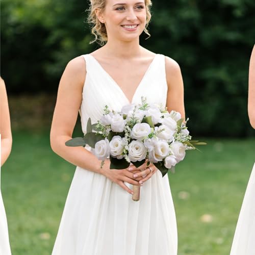 Ivory Bridesmaid Bouquet Set of 6, White Wedding Bouquets for Bridesmaids, 8.5 Inch Wedding Floral Arrangements Flowers Table Centerpieces Decor Artificial Flower Bouquet for Prom Party - color: 6pcs White Rose Bouquet