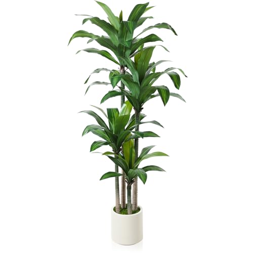 Artificial Dracaena Tree 6ft, Tall Fake Dracaena Plants with White Planter, Faux Dragon Tree Indoor Floor Plant for Home Decor Office Living Room Porch Housewarming, 1Pcs - size: 6ft